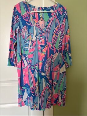 Lilly Pulitzer Ali Tunic Dress in Out to Sea print Bright Blue, Pink & Green